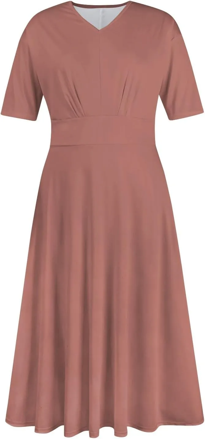 Elegant Formal Short Sleeve Midi Dress Trendy Sexy V Neck Ruched Flowy Party Dress Casual Swing Floral A Line Dress