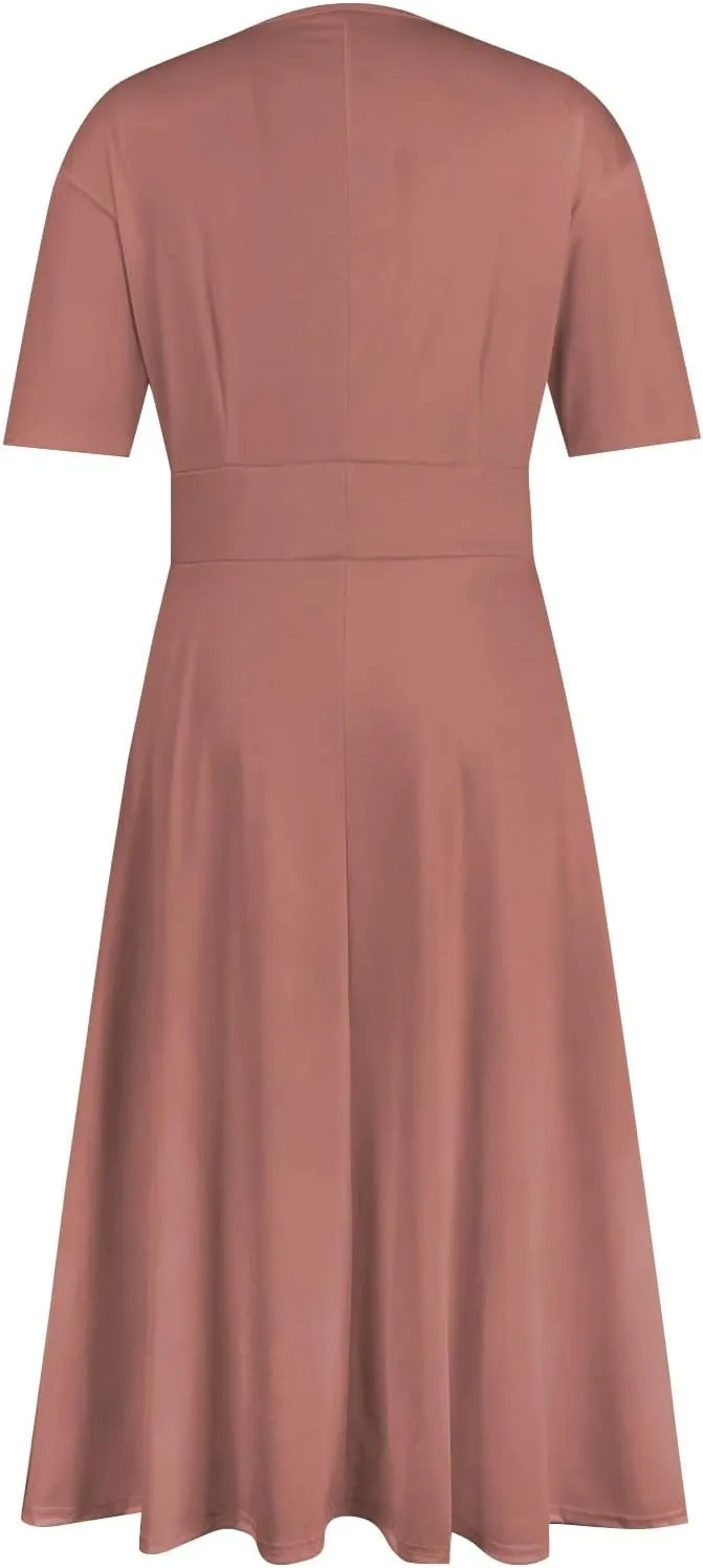 Elegant Formal Short Sleeve Midi Dress Trendy Sexy V Neck Ruched Flowy Party Dress Casual Swing Floral A Line Dress