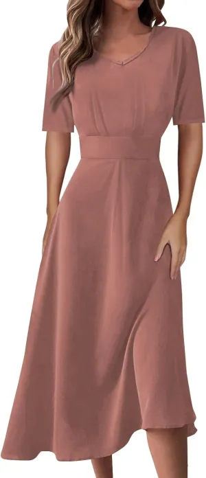 Elegant Formal Short Sleeve Midi Dress Trendy Sexy V Neck Ruched Flowy Party Dress Casual Swing Floral A Line Dress