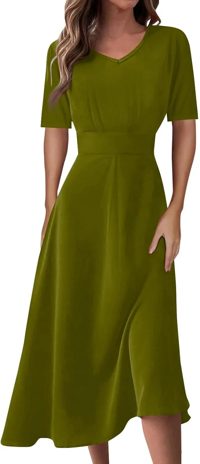 Elegant Formal Short Sleeve Midi Dress Trendy Sexy V Neck Ruched Flowy Party Dress Casual Swing Floral A Line Dress