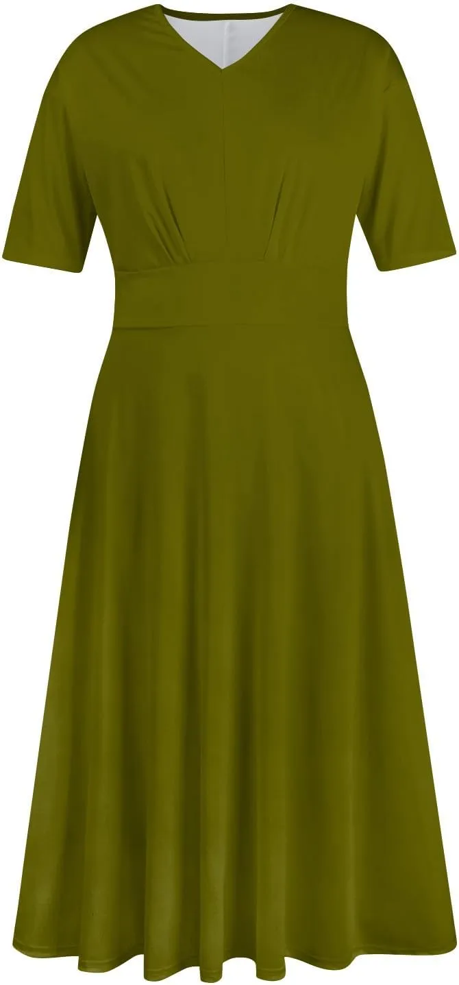 Elegant Formal Short Sleeve Midi Dress Trendy Sexy V Neck Ruched Flowy Party Dress Casual Swing Floral A Line Dress