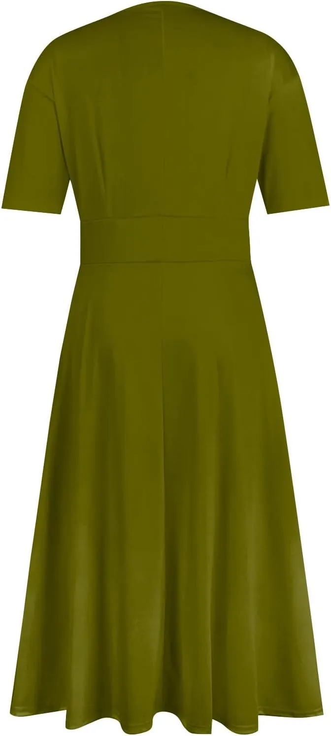 Elegant Formal Short Sleeve Midi Dress Trendy Sexy V Neck Ruched Flowy Party Dress Casual Swing Floral A Line Dress