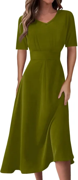 Elegant Formal Short Sleeve Midi Dress Trendy Sexy V Neck Ruched Flowy Party Dress Casual Swing Floral A Line Dress