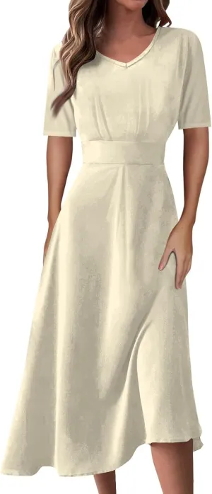 Elegant Formal Short Sleeve Midi Dress Trendy Sexy V Neck Ruched Flowy Party Dress Casual Swing Floral A Line Dress