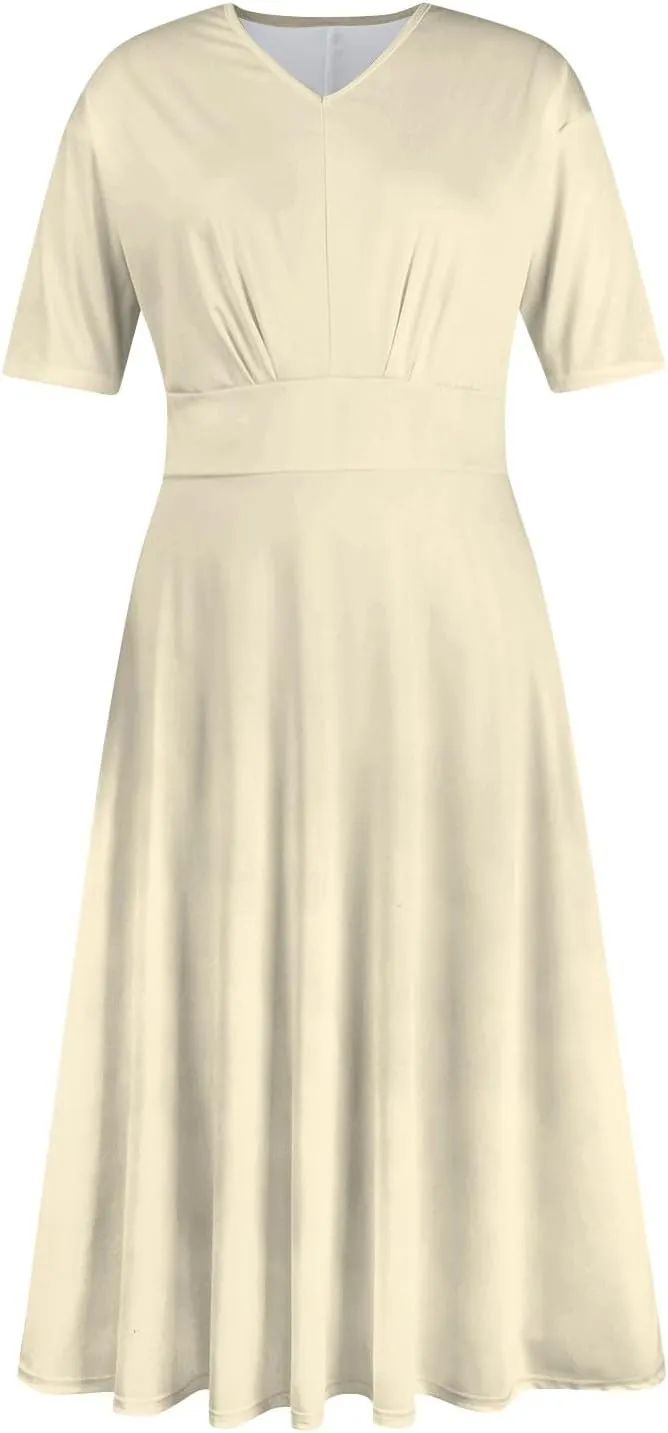 Elegant Formal Short Sleeve Midi Dress Trendy Sexy V Neck Ruched Flowy Party Dress Casual Swing Floral A Line Dress