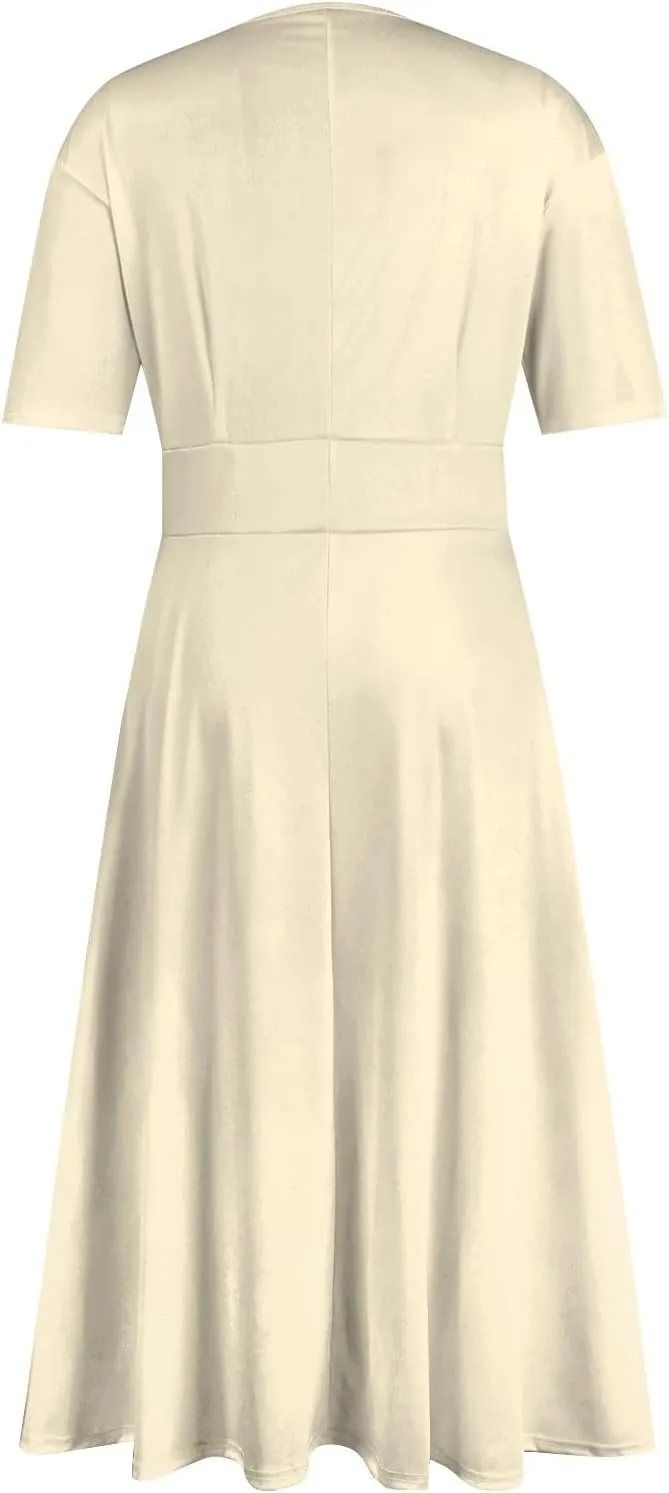 Elegant Formal Short Sleeve Midi Dress Trendy Sexy V Neck Ruched Flowy Party Dress Casual Swing Floral A Line Dress