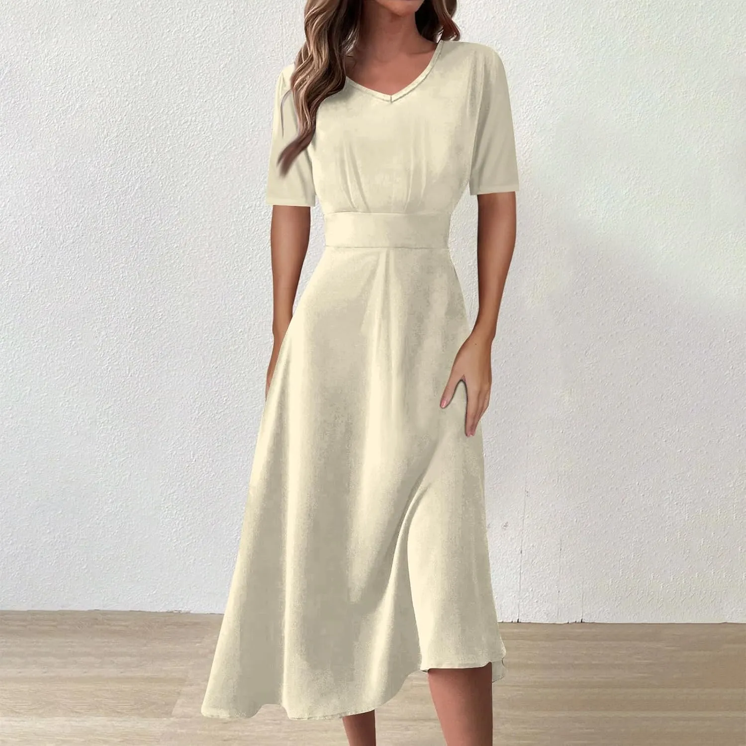 Elegant Formal Short Sleeve Midi Dress Trendy Sexy V Neck Ruched Flowy Party Dress Casual Swing Floral A Line Dress