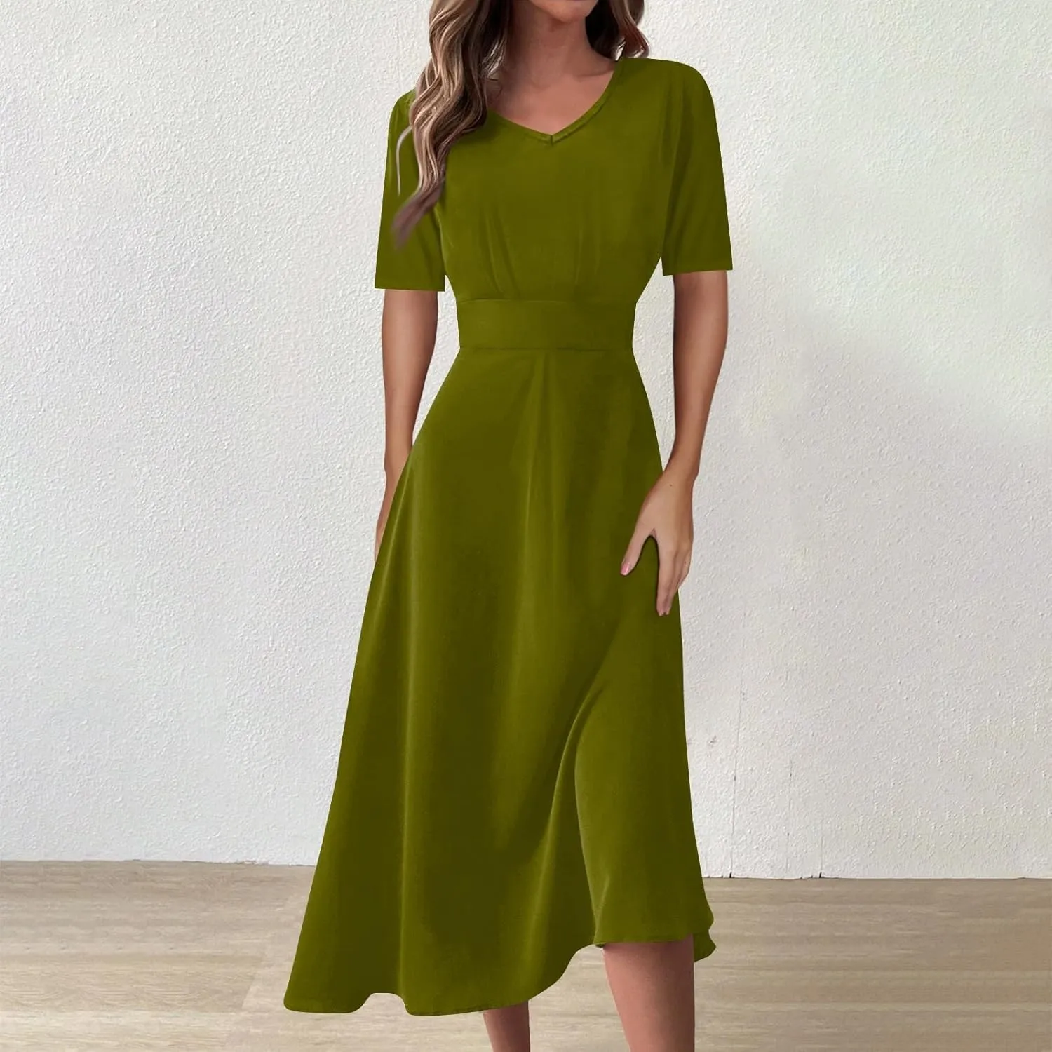 Elegant Formal Short Sleeve Midi Dress Trendy Sexy V Neck Ruched Flowy Party Dress Casual Swing Floral A Line Dress