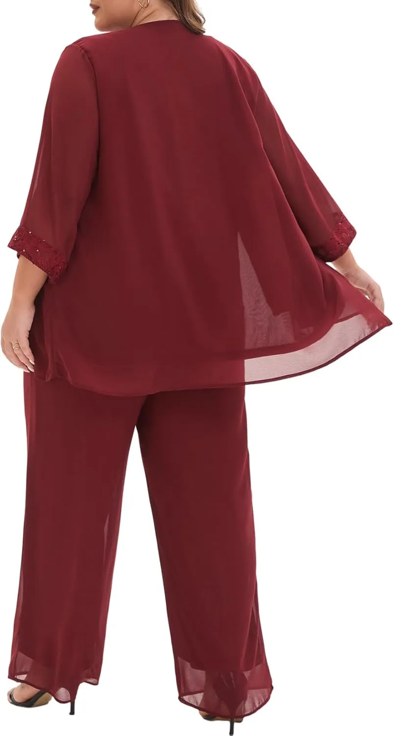 Elegant Plus Size 3 Piece Mother of The Bride Pant Suits with Laces for Formal Wedding Guest Outfit