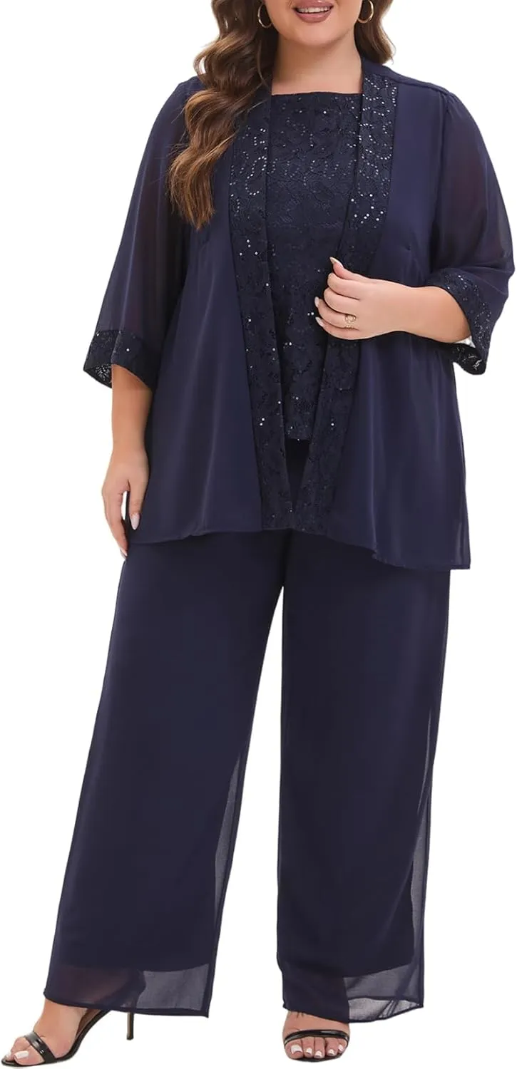 Elegant Plus Size 3 Piece Mother of The Bride Pant Suits with Laces for Formal Wedding Guest Outfit