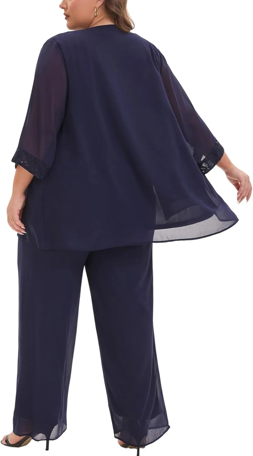 Elegant Plus Size 3 Piece Mother of The Bride Pant Suits with Laces for Formal Wedding Guest Outfit