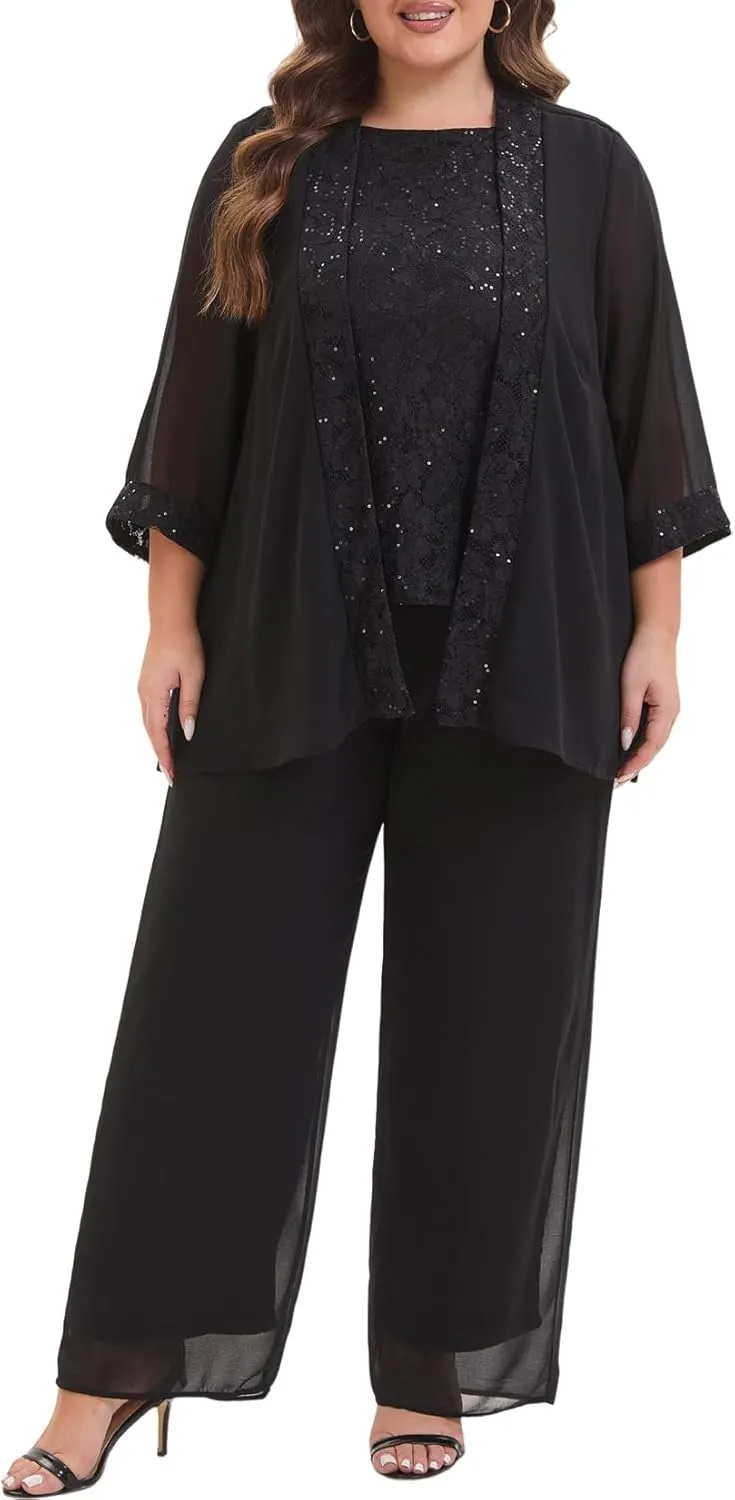 Elegant Plus Size 3 Piece Mother of The Bride Pant Suits with Laces for Formal Wedding Guest Outfit