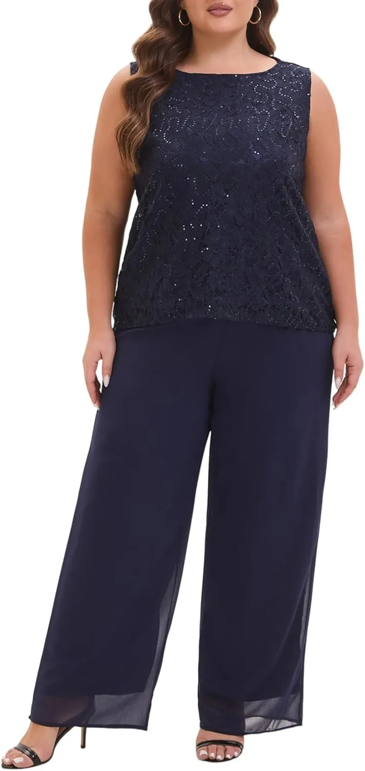 Elegant Plus Size 3 Piece Mother of The Bride Pant Suits with Laces for Formal Wedding Guest Outfit