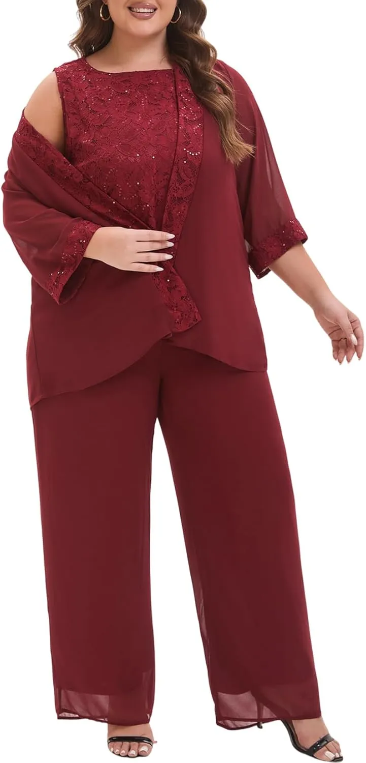 Elegant Plus Size 3 Piece Mother of The Bride Pant Suits with Laces for Formal Wedding Guest Outfit