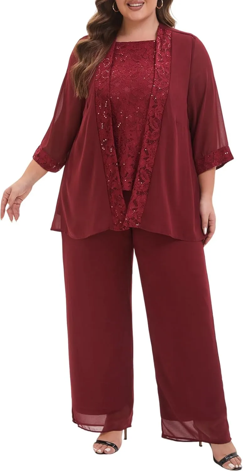 Elegant Plus Size 3 Piece Mother of The Bride Pant Suits with Laces for Formal Wedding Guest Outfit