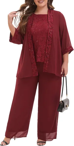 Elegant Plus Size 3 Piece Mother of The Bride Pant Suits with Laces for Formal Wedding Guest Outfit