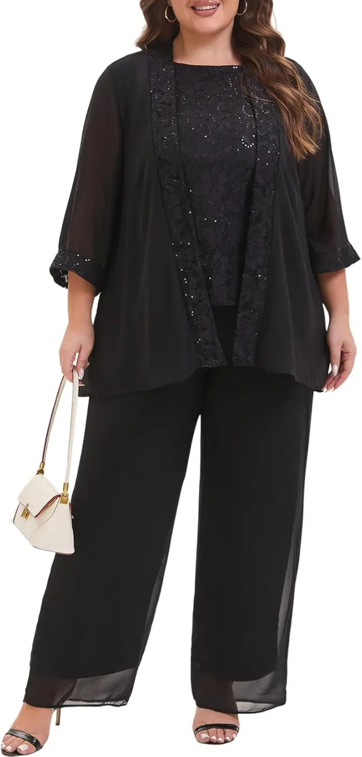 Elegant Plus Size 3 Piece Mother of The Bride Pant Suits with Laces for Formal Wedding Guest Outfit