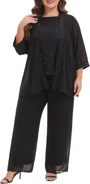 Elegant Plus Size 3 Piece Mother of The Bride Pant Suits with Laces for Formal Wedding Guest Outfit