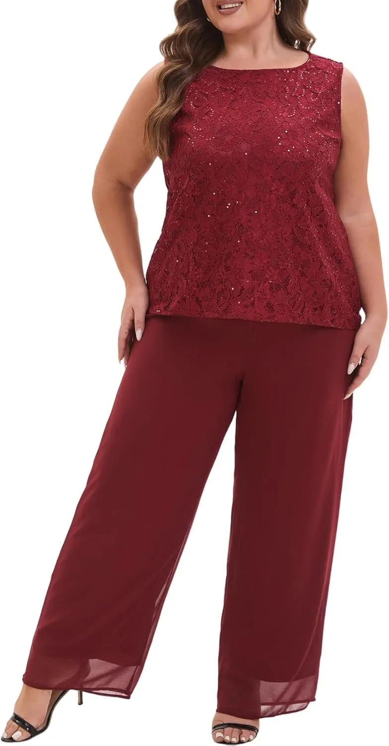 Elegant Plus Size 3 Piece Mother of The Bride Pant Suits with Laces for Formal Wedding Guest Outfit
