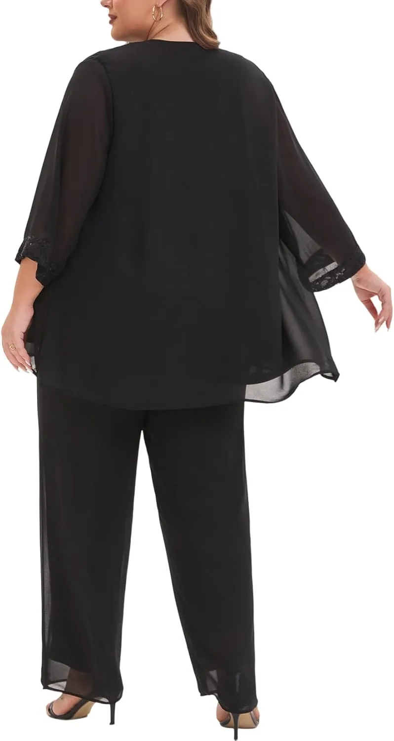 Elegant Plus Size 3 Piece Mother of The Bride Pant Suits with Laces for Formal Wedding Guest Outfit