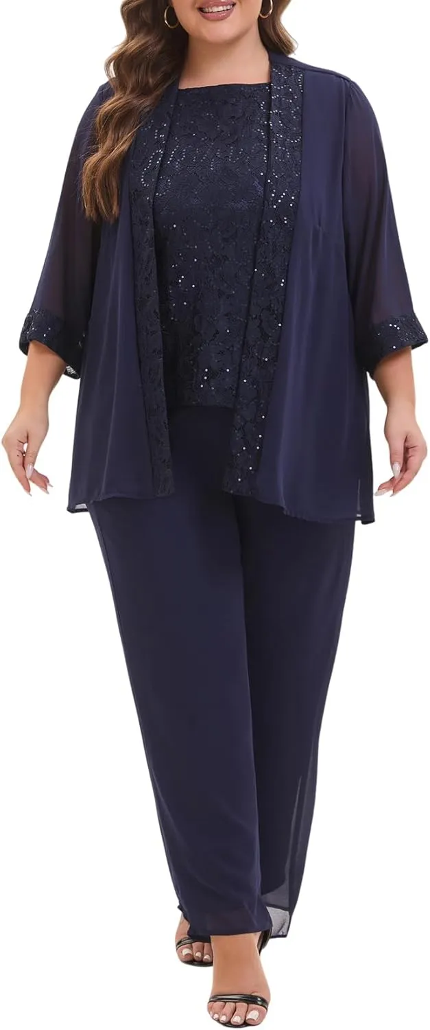 Elegant Plus Size 3 Piece Mother of The Bride Pant Suits with Laces for Formal Wedding Guest Outfit