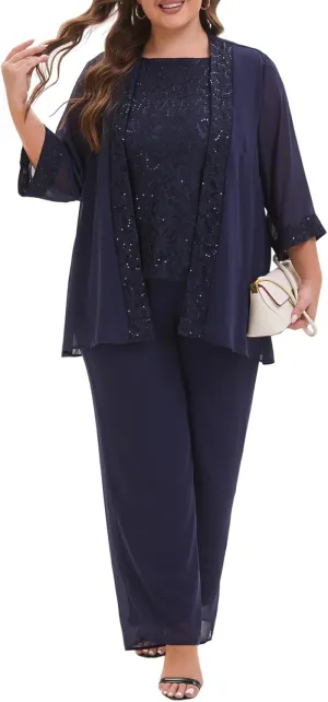 Elegant Plus Size 3 Piece Mother of The Bride Pant Suits with Laces for Formal Wedding Guest Outfit