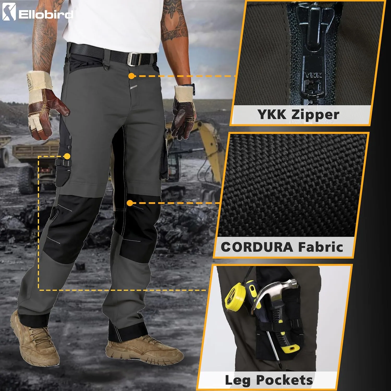 Ellobird Men's Construction Work Utility Pants Relaxed Fit Stretch Flex Cordura Double Knee Reinforcement Carpenter Cargo