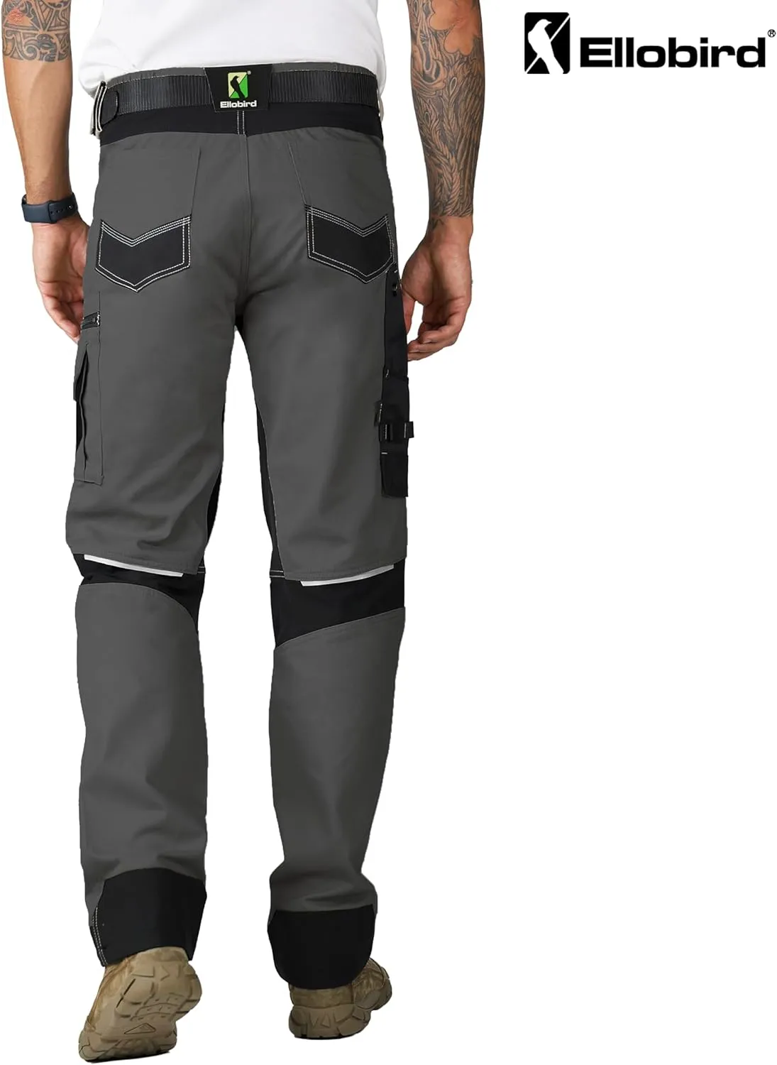 Ellobird Men's Construction Work Utility Pants Relaxed Fit Stretch Flex Cordura Double Knee Reinforcement Carpenter Cargo