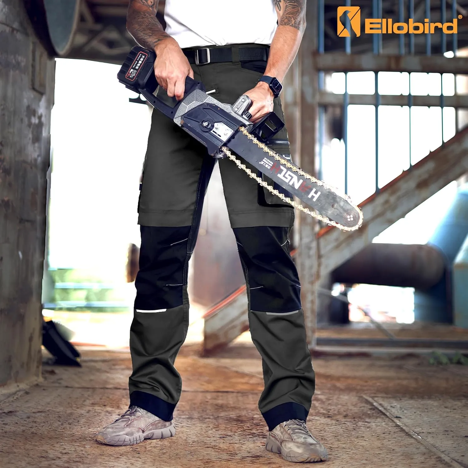 Ellobird Men's Construction Work Utility Pants Relaxed Fit Stretch Flex Cordura Double Knee Reinforcement Carpenter Cargo