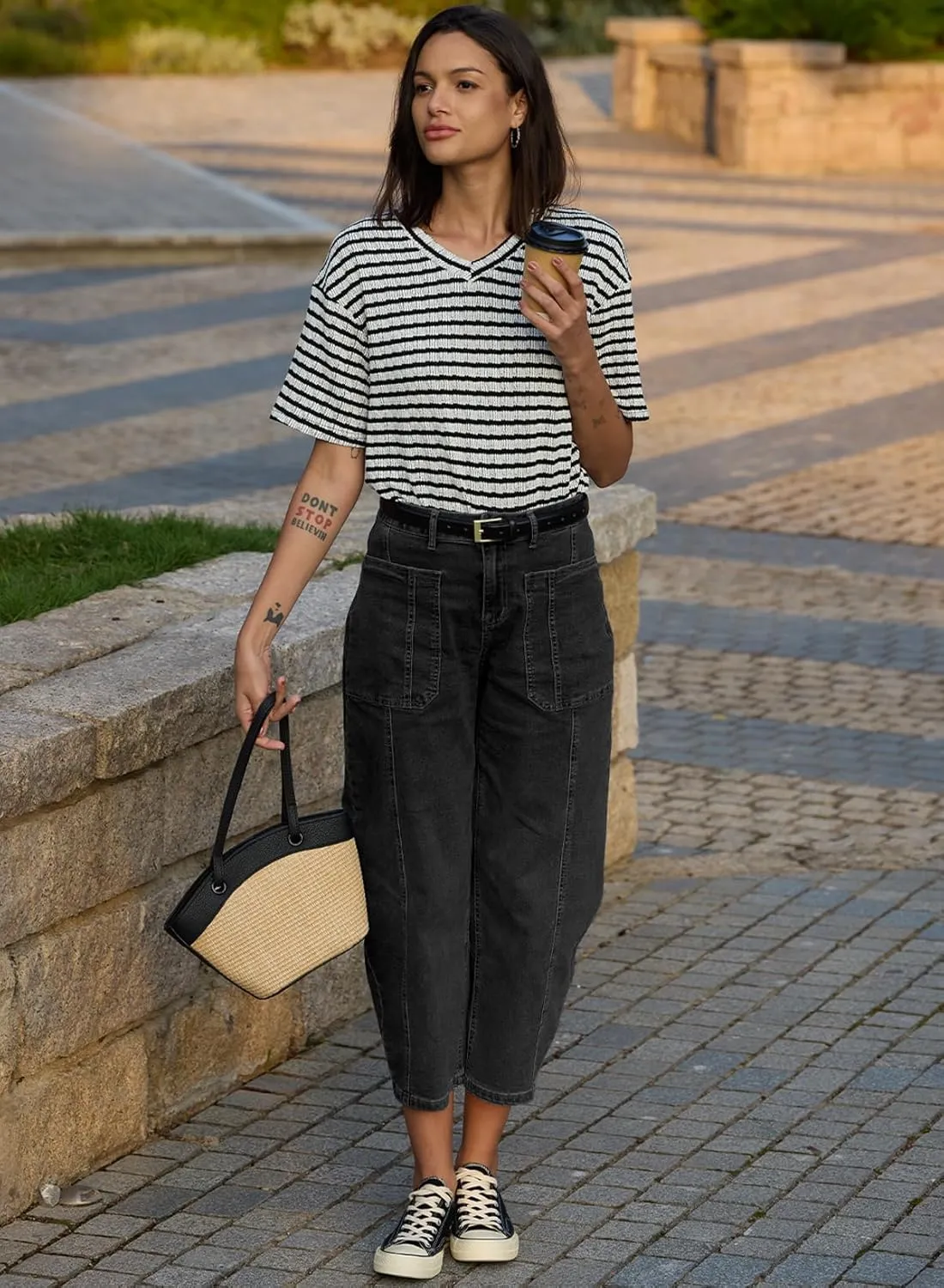 EVALESS Barrel Jeans for Women Trendy High Waisted Wide Leg Baggy Ankle Denim Pants