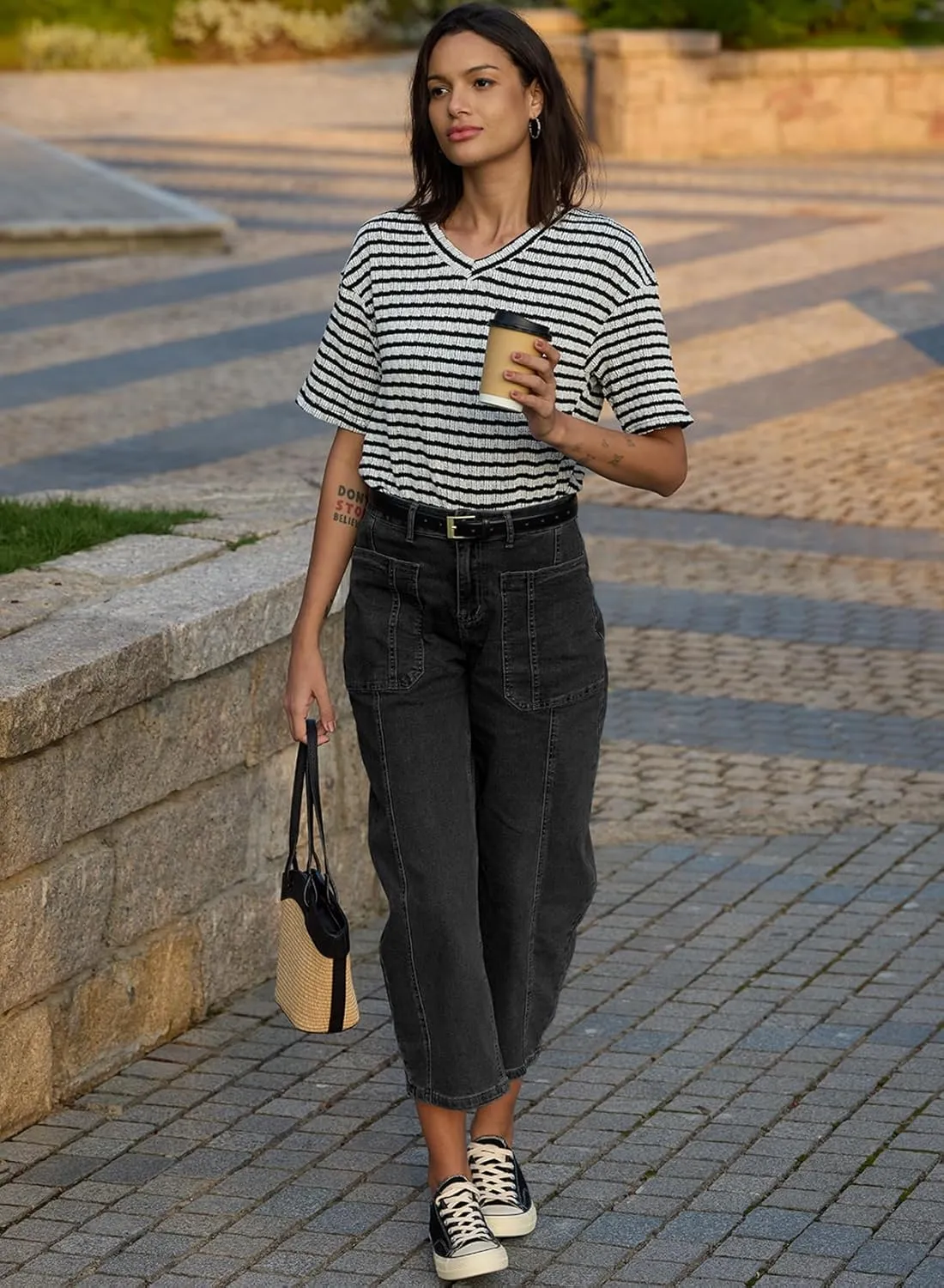 EVALESS Barrel Jeans for Women Trendy High Waisted Wide Leg Baggy Ankle Denim Pants