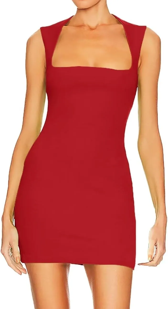 Ezbelle Women's Summer Dress Sexy Mini Tank Bodycon Dresses Square Neck Knit Double Trendy Clothes