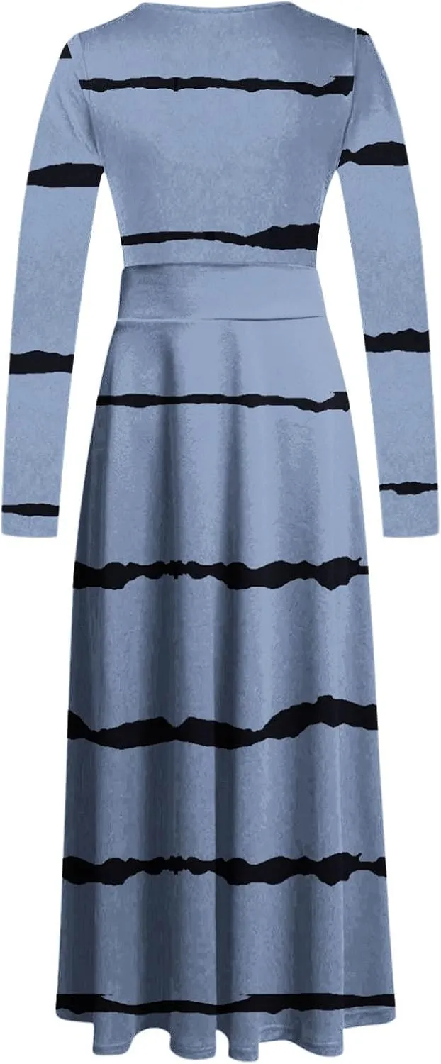 Fall Floral Dresses for Women 2024 Fashion Striped Elastic Waist Causal Boho Dress Plus Size Crewneck Oversized Dress