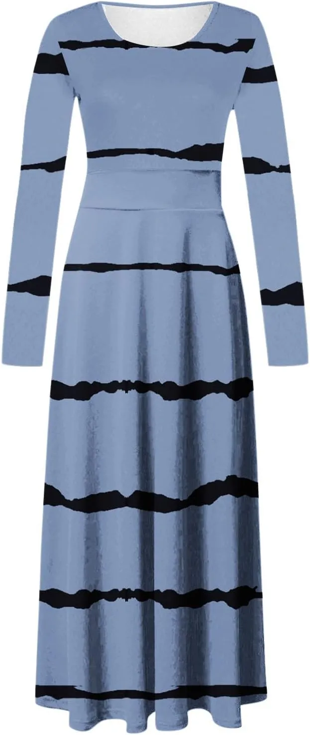 Fall Floral Dresses for Women 2024 Fashion Striped Elastic Waist Causal Boho Dress Plus Size Crewneck Oversized Dress