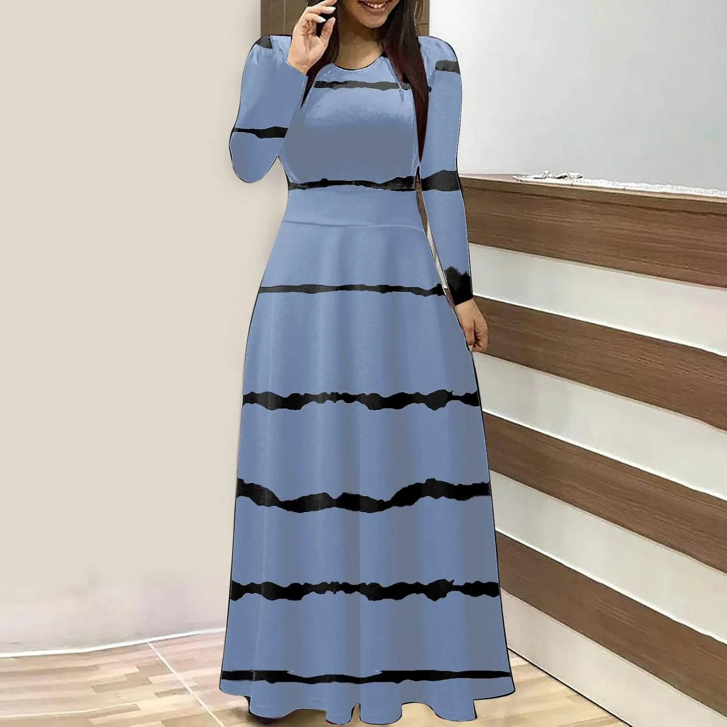 Fall Floral Dresses for Women 2024 Fashion Striped Elastic Waist Causal Boho Dress Plus Size Crewneck Oversized Dress