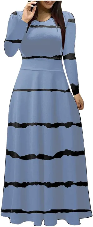 Fall Floral Dresses for Women 2024 Fashion Striped Elastic Waist Causal Boho Dress Plus Size Crewneck Oversized Dress