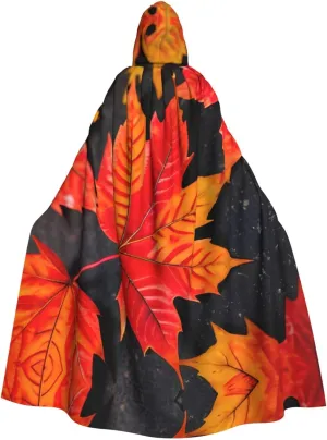 Fall Red Leaves Print Halloween Cloak Men Cape Renaissance Cloak With Hood, For Adult Cosplay Party Costume