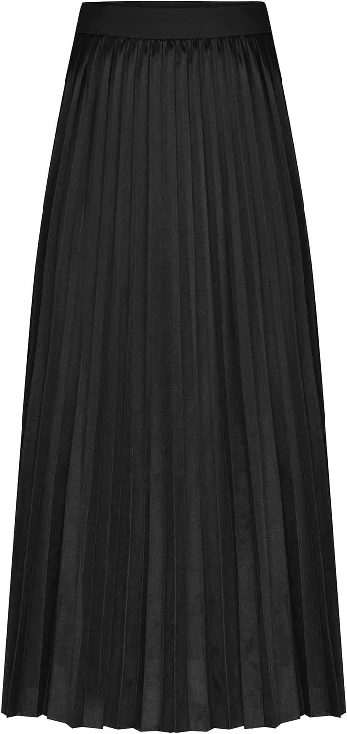 fartey Womens Satin Skirt High Elastic Waist Pleated Midi Skirts Long Swing Ruffled Flare Casual Fall Winter Skirt