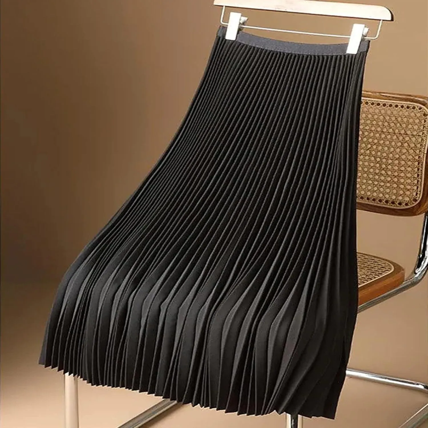 fartey Womens Satin Skirt High Elastic Waist Pleated Midi Skirts Long Swing Ruffled Flare Casual Fall Winter Skirt