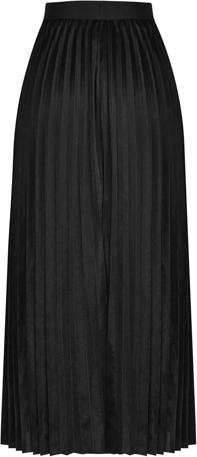 fartey Womens Satin Skirt High Elastic Waist Pleated Midi Skirts Long Swing Ruffled Flare Casual Fall Winter Skirt