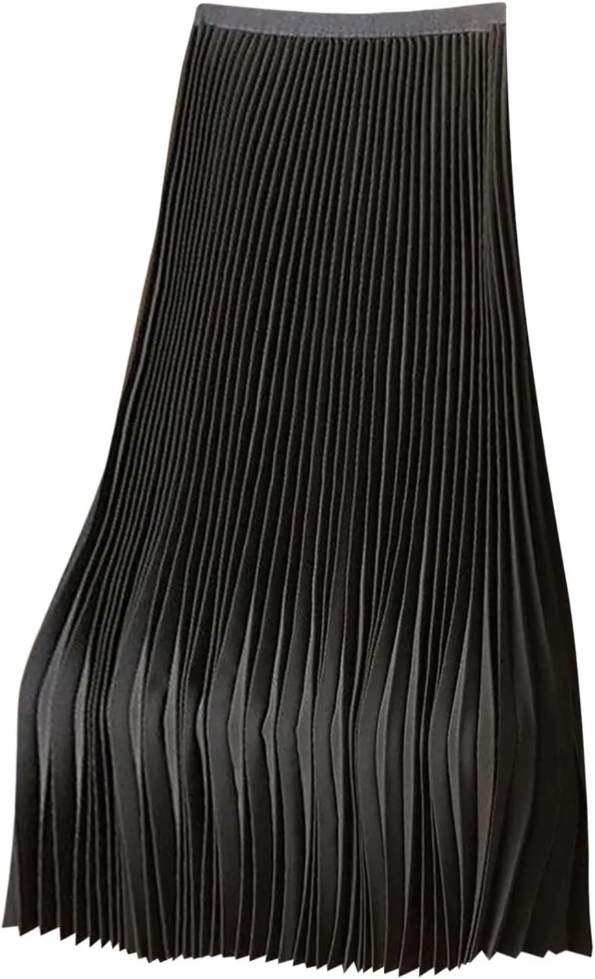 fartey Womens Satin Skirt High Elastic Waist Pleated Midi Skirts Long Swing Ruffled Flare Casual Fall Winter Skirt