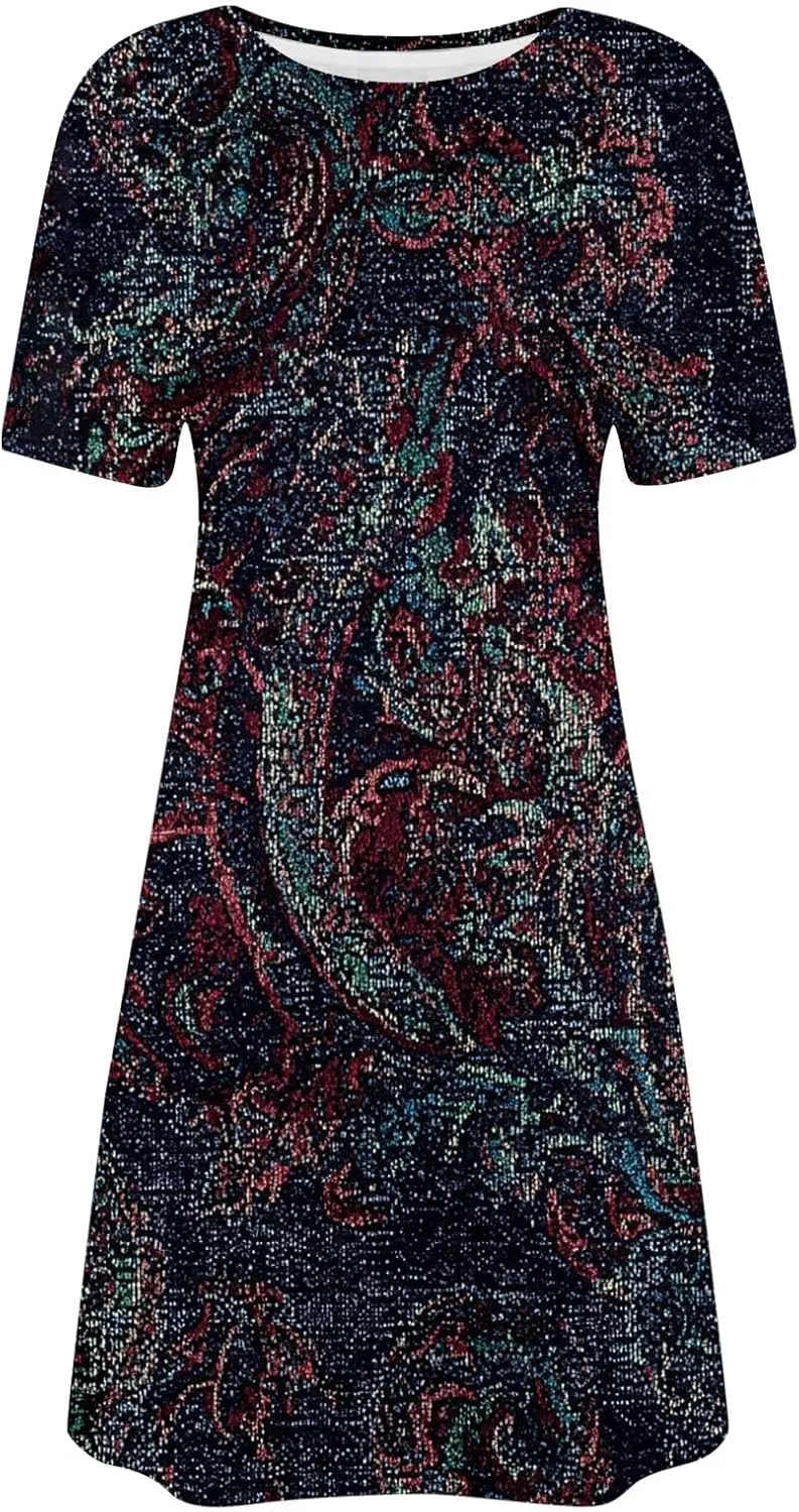 Fashion Summer Dresses for Women's 2025 Trendy Boho Floral Print Dress Dressy Casual Flowy Short Mini Tshirt Sundress
