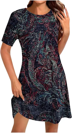 Fashion Summer Dresses for Women's 2025 Trendy Boho Floral Print Dress Dressy Casual Flowy Short Mini Tshirt Sundress