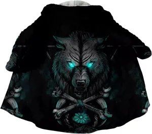 Fenrir Wolf Viking Tattoo Winter Warm Cashmere Coat, Men's Hooded Cloak Parka, Mid-Length Bathrobe Robe, Horn Buckle Jacket