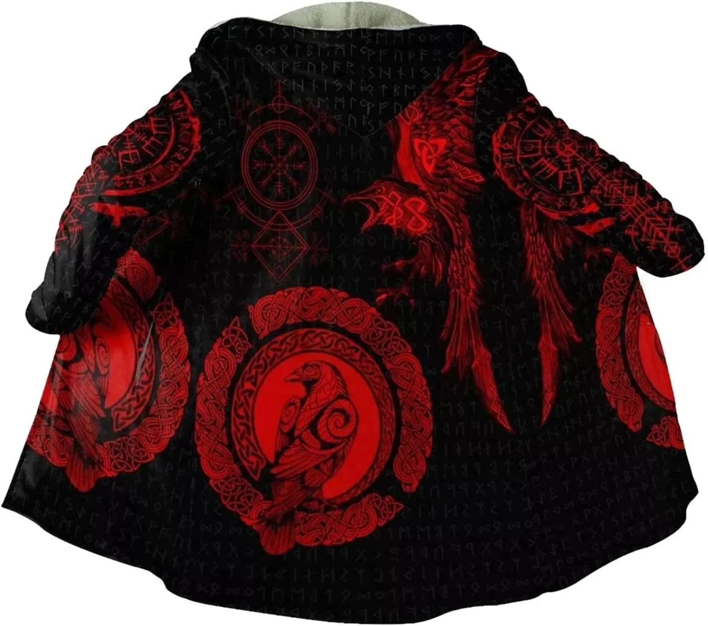Fenrir Wolf Viking Tattoo Winter Warm Cashmere Coat, Men's Hooded Cloak Parka, Mid-Length Bathrobe Robe, Horn Buckle Jacket