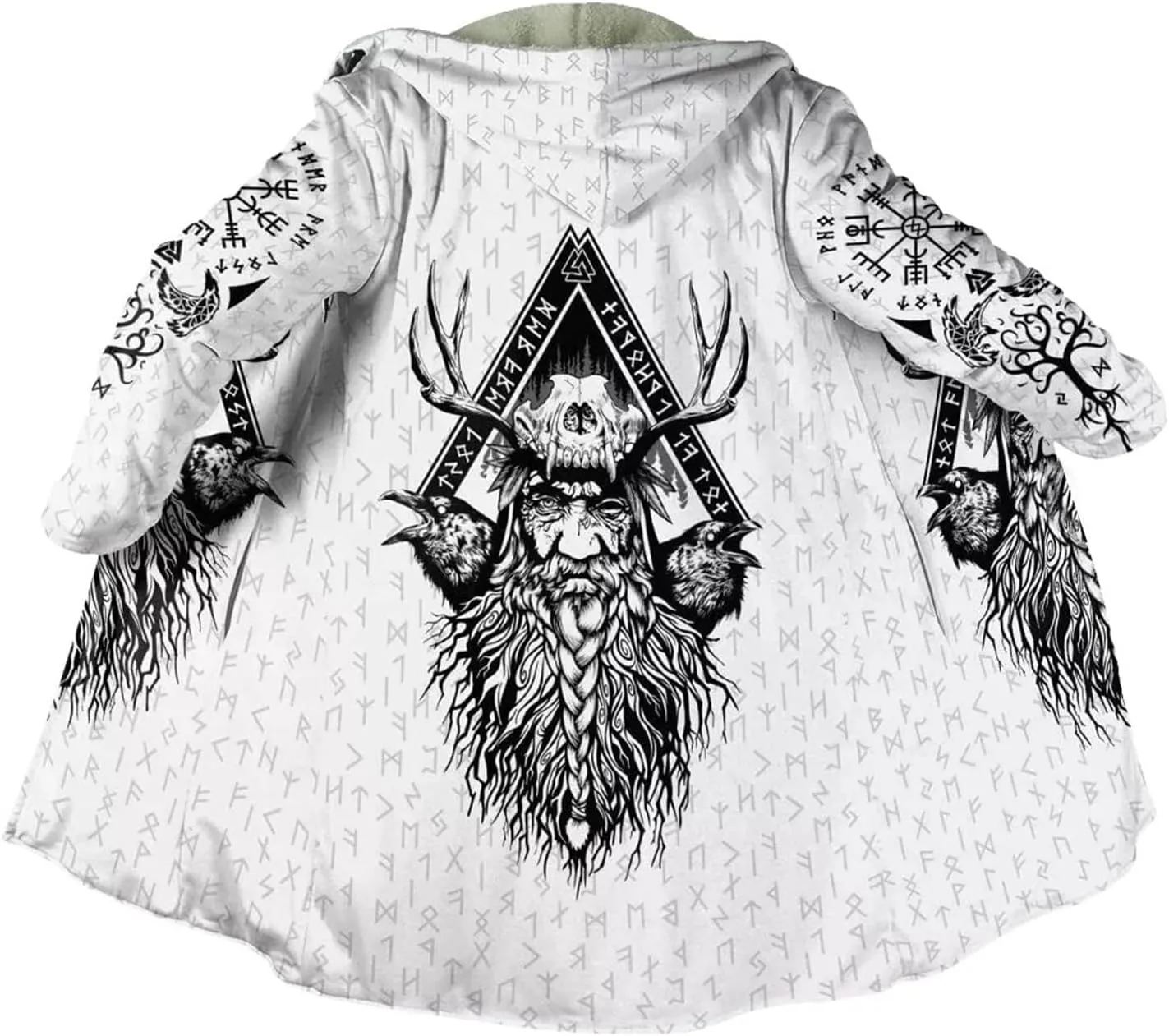 Fenrir Wolf Viking Tattoo Winter Warm Cashmere Coat, Men's Hooded Cloak Parka, Mid-Length Bathrobe Robe, Horn Buckle Jacket