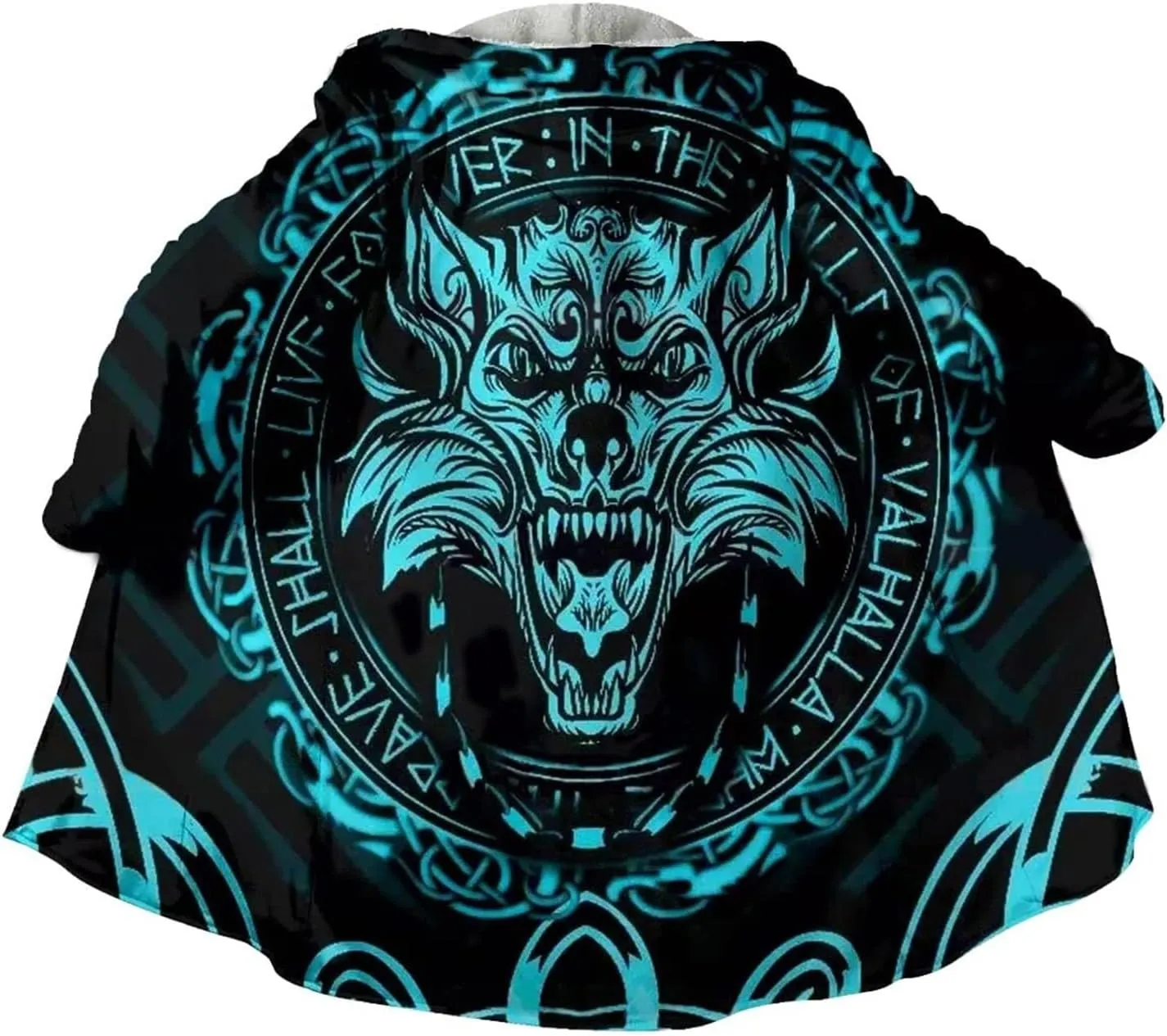 Fenrir Wolf Viking Tattoo Winter Warm Cashmere Coat, Men's Hooded Cloak Parka, Mid-Length Bathrobe Robe, Horn Buckle Jacket