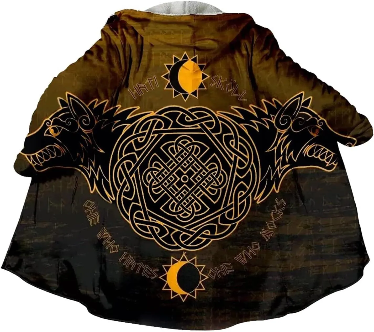 Fenrir Wolf Viking Tattoo Winter Warm Cashmere Coat, Men's Hooded Cloak Parka, Mid-Length Bathrobe Robe, Horn Buckle Jacket