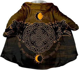 Fenrir Wolf Viking Tattoo Winter Warm Cashmere Coat, Men's Hooded Cloak Parka, Mid-Length Bathrobe Robe, Horn Buckle Jacket