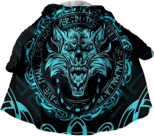 Fenrir Wolf Viking Tattoo Winter Warm Cashmere Coat, Men's Hooded Cloak Parka, Mid-Length Bathrobe Robe, Horn Buckle Jacket